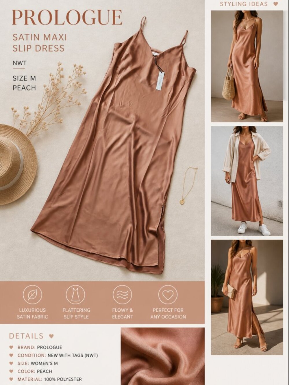NWT Prologue Women Satin Maxi Peach Slip Dress US Size M